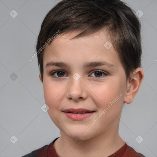 Joyful white child female with short  brown hair and brown eyes