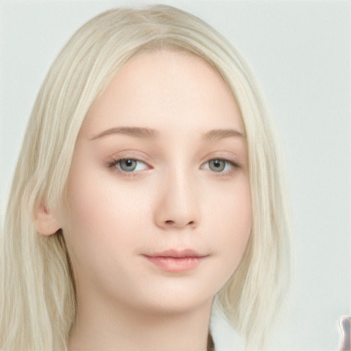 Neutral white young-adult female with long  blond hair and blue eyes