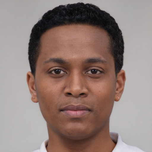 Neutral black young-adult male with short  black hair and brown eyes