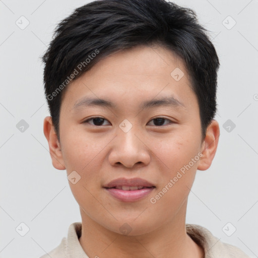 Joyful asian young-adult male with short  brown hair and brown eyes