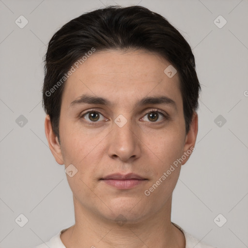 Neutral white young-adult male with short  brown hair and brown eyes