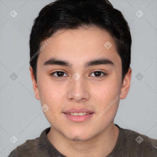 Joyful white young-adult male with short  black hair and brown eyes