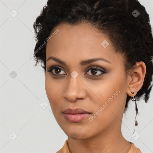 Joyful latino young-adult female with medium  black hair and brown eyes