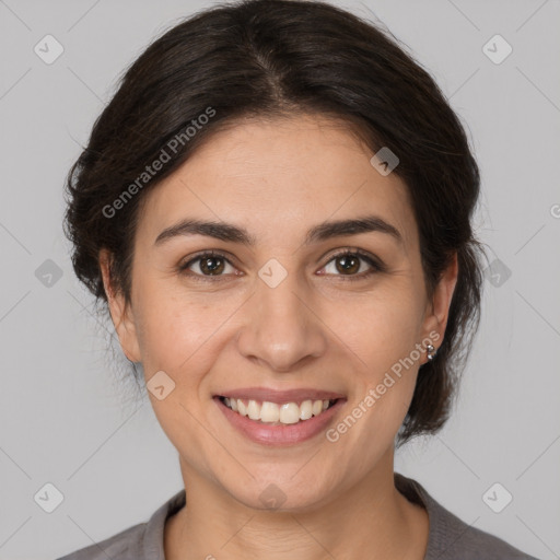 Joyful white young-adult female with medium  brown hair and brown eyes