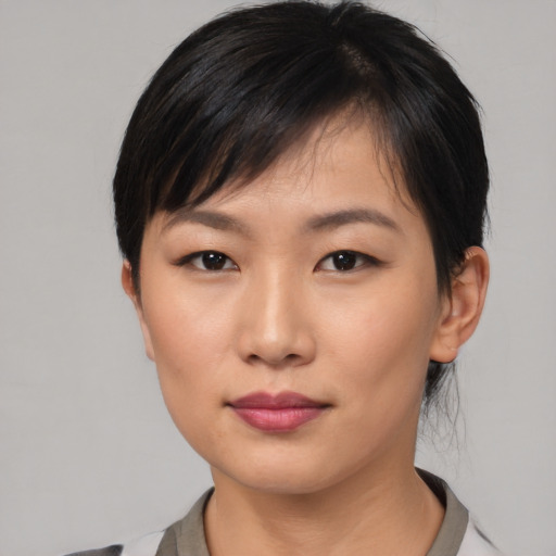 Neutral asian young-adult female with short  black hair and brown eyes