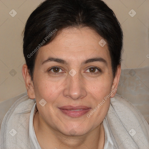 Joyful white adult female with short  brown hair and brown eyes