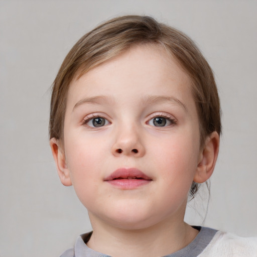 Neutral white child female with medium  brown hair and blue eyes