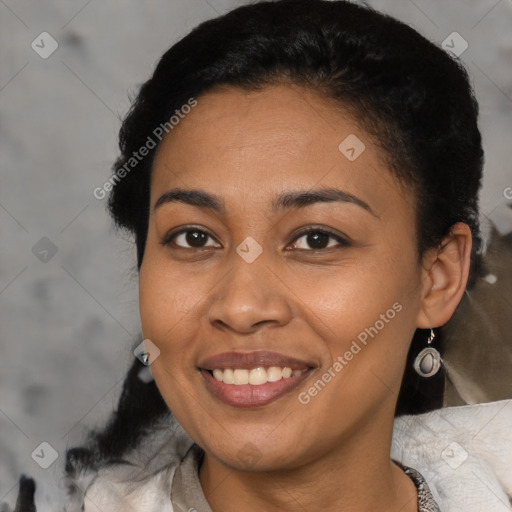 Joyful latino young-adult female with short  black hair and brown eyes