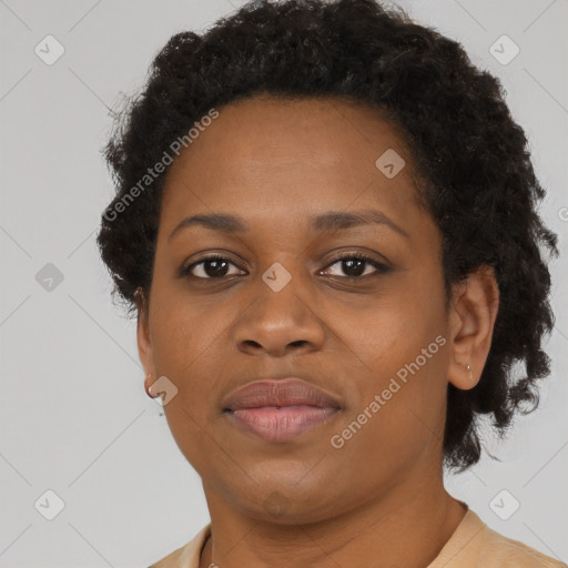 Neutral black adult female with short  brown hair and brown eyes