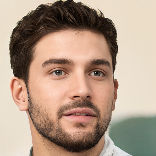 Neutral white young-adult male with short  brown hair and brown eyes