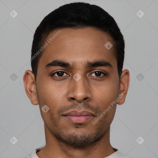 Neutral latino young-adult male with short  black hair and brown eyes