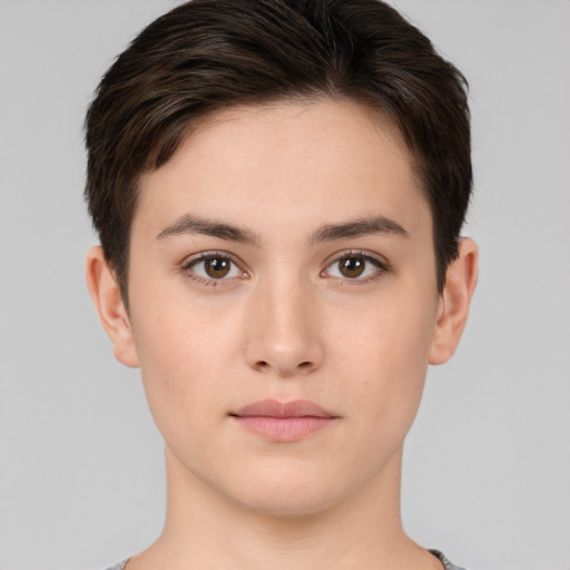 Neutral white young-adult female with short  brown hair and brown eyes