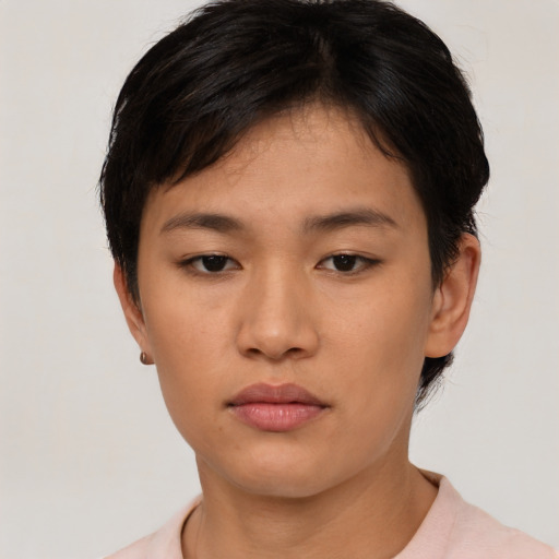 Neutral asian young-adult female with short  brown hair and brown eyes