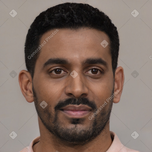 Neutral black young-adult male with short  black hair and brown eyes