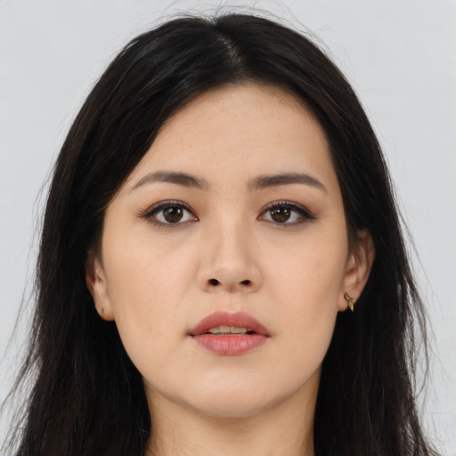Neutral asian young-adult female with long  black hair and brown eyes