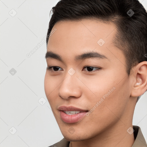 Neutral white young-adult male with short  brown hair and brown eyes