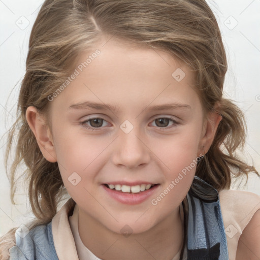 Joyful white child female with medium  brown hair and grey eyes