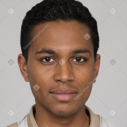 Neutral black young-adult male with short  black hair and brown eyes