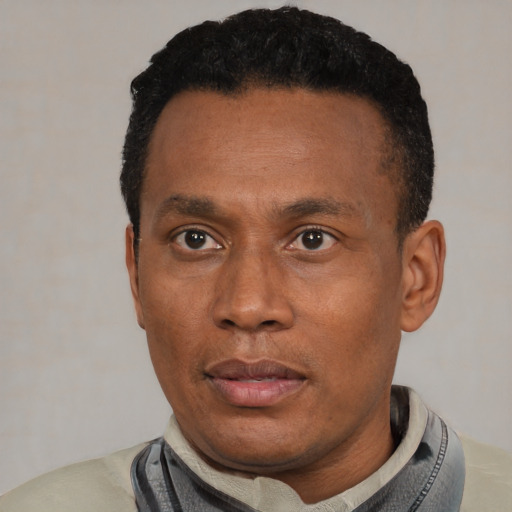 Neutral black adult male with short  black hair and brown eyes