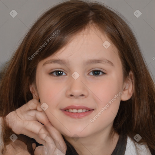 Joyful white child female with medium  brown hair and brown eyes