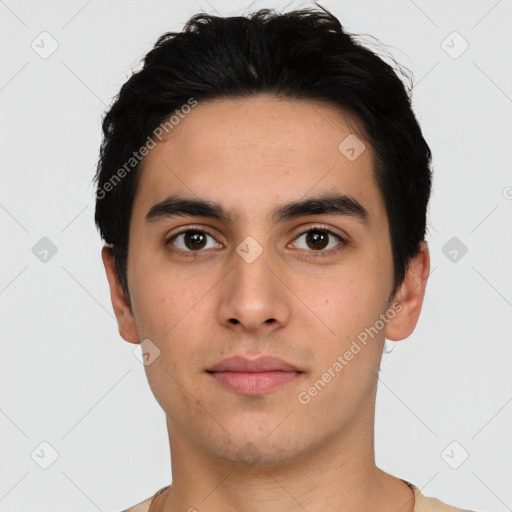 Neutral asian young-adult male with short  black hair and brown eyes