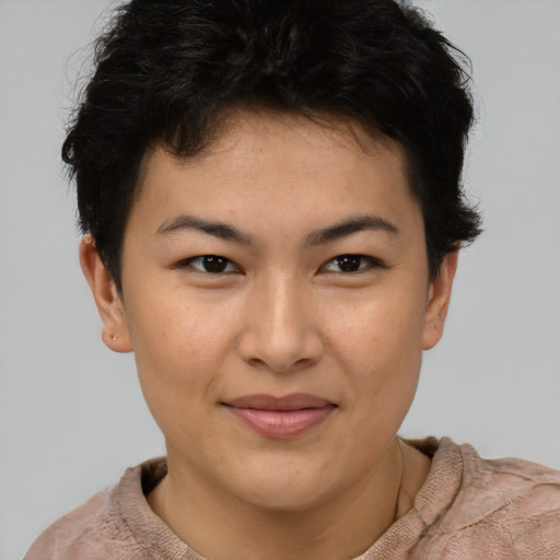 Joyful asian young-adult female with short  brown hair and brown eyes