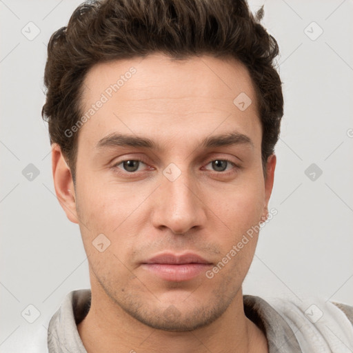 Neutral white young-adult male with short  brown hair and grey eyes