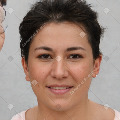 Joyful white young-adult female with short  brown hair and brown eyes