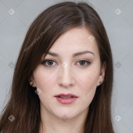 Joyful white young-adult female with long  brown hair and grey eyes