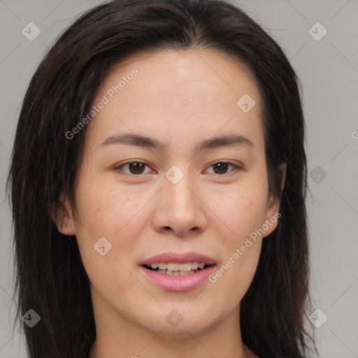 Joyful asian young-adult female with medium  brown hair and brown eyes