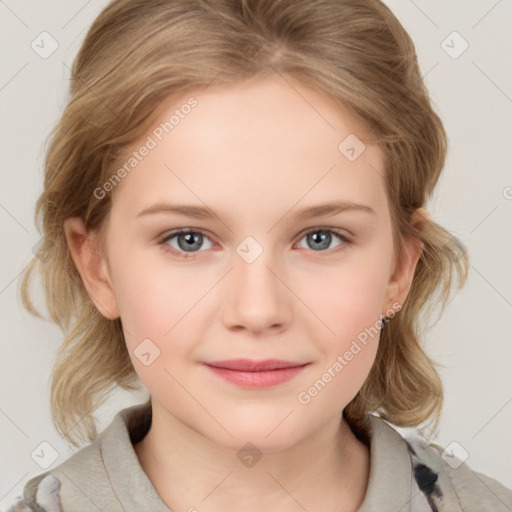 Joyful white child female with medium  brown hair and grey eyes