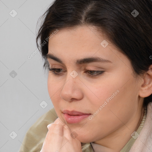 Neutral white young-adult female with medium  brown hair and brown eyes