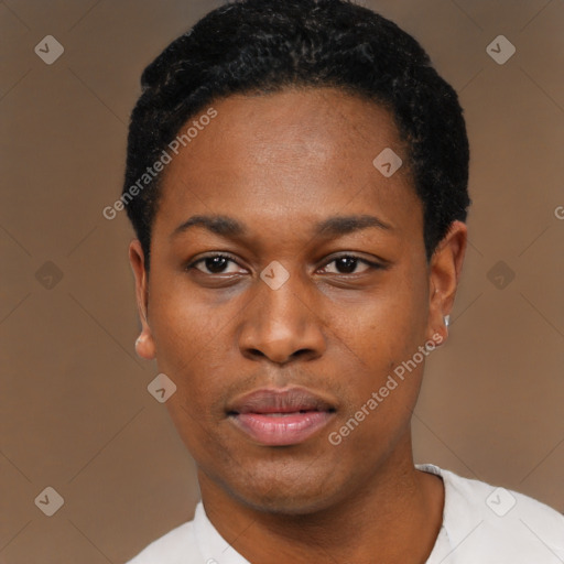 Neutral latino young-adult female with short  black hair and brown eyes