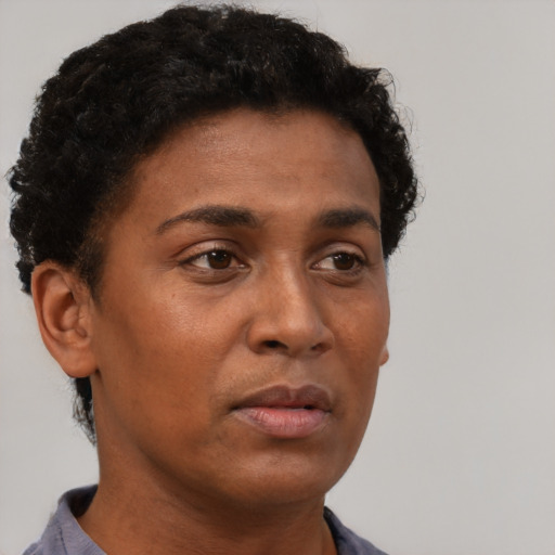 Neutral black young-adult female with short  brown hair and brown eyes