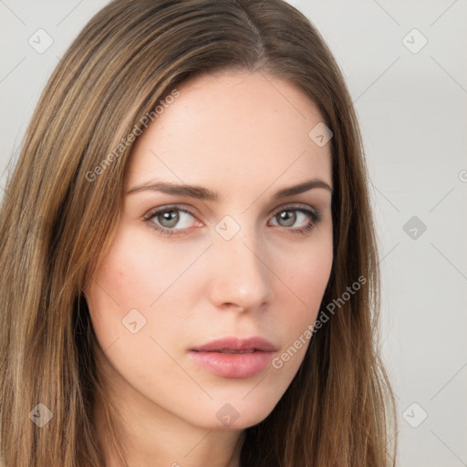 Neutral white young-adult female with long  brown hair and brown eyes