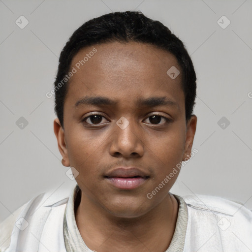 Neutral black young-adult male with short  black hair and brown eyes