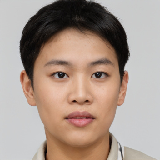 Neutral asian young-adult male with short  brown hair and brown eyes