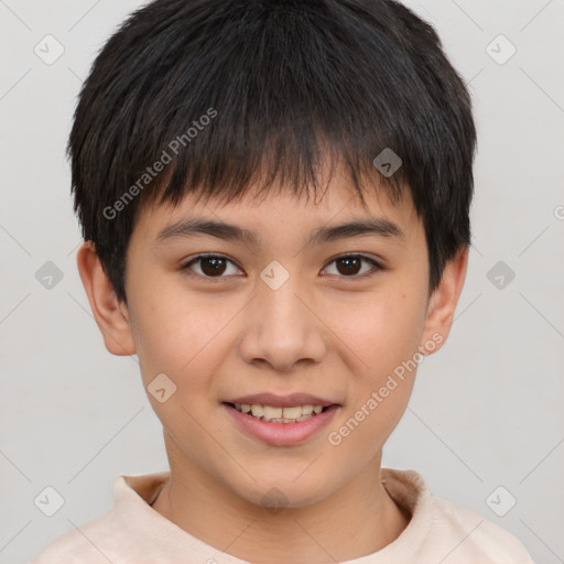 Joyful white child male with short  brown hair and brown eyes
