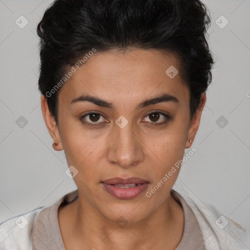 Neutral latino young-adult female with short  brown hair and brown eyes