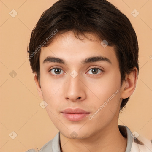 Neutral white young-adult male with short  brown hair and brown eyes