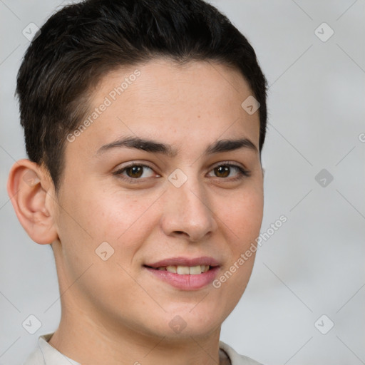 Joyful white young-adult female with short  brown hair and brown eyes