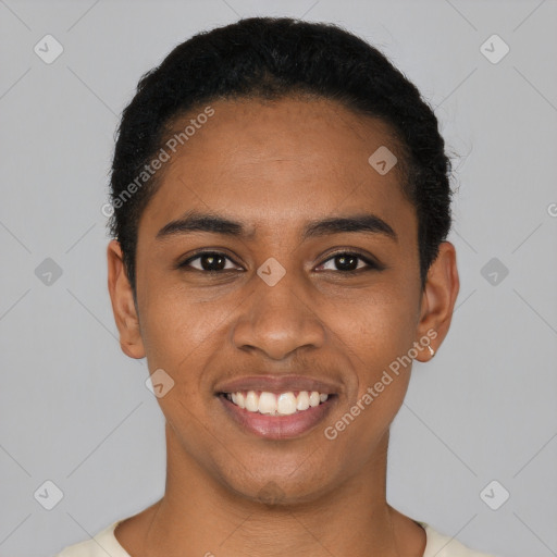 Joyful black young-adult male with short  black hair and brown eyes