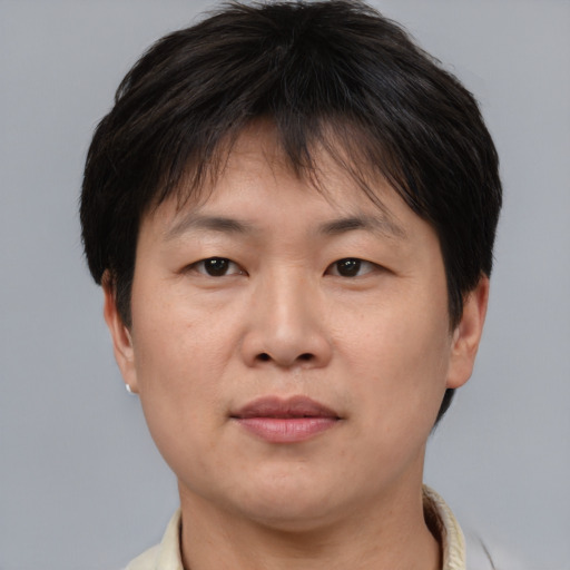 Joyful asian adult female with short  brown hair and brown eyes