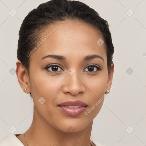 Joyful latino young-adult female with short  brown hair and brown eyes