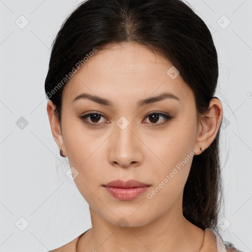 Joyful white young-adult female with long  brown hair and brown eyes