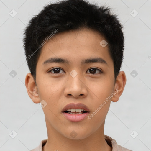 Joyful asian young-adult male with short  brown hair and brown eyes