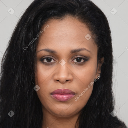 Joyful asian young-adult female with long  brown hair and brown eyes