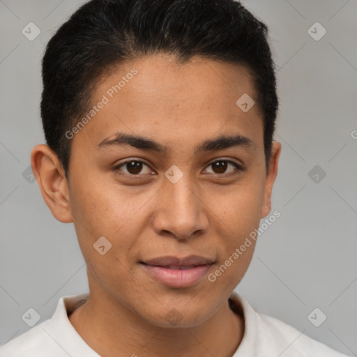 Joyful latino young-adult female with short  brown hair and brown eyes