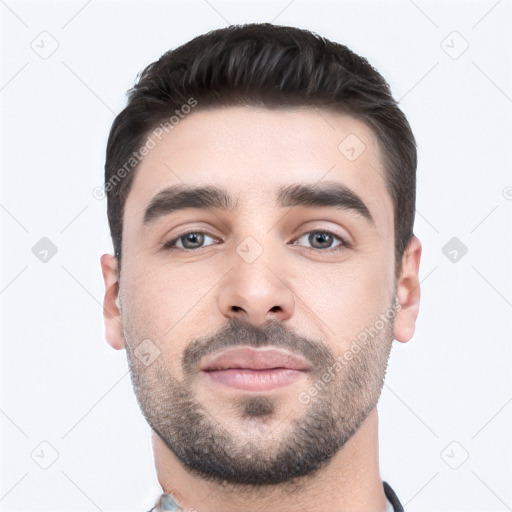 Neutral white young-adult male with short  black hair and brown eyes
