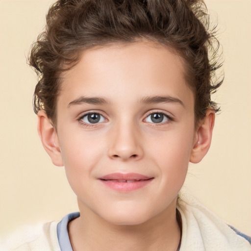 Joyful white child female with short  brown hair and brown eyes